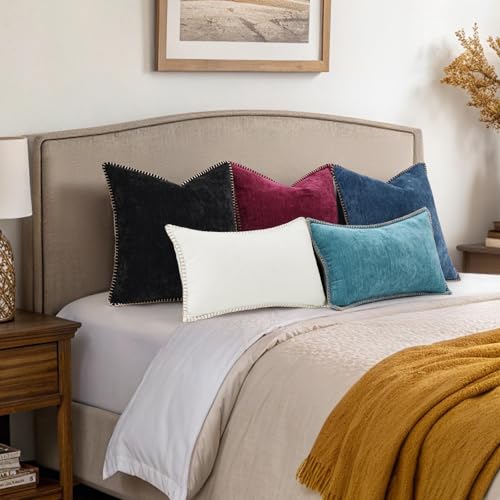 Image of decorUhome Fall Chenille Soft Cozy Throw Pillow Covers 12x20 Set of 2, Modern Farmhouse Boho Velvet Decorative Pillow Cases with Stitched Edge for Couch Sofa Bed Home Decor, Black