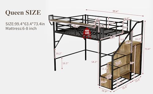 Image of Queen Size Metal Loft Bed with Reversible Stairs and LED & USB Port