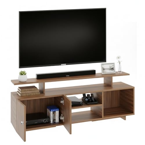 Image of FURNEASER Eskido Engineered Wood TV Entertainment Unit, Floor Standing TV Cabinet with Storage Shelves for Living Room, TV Stand for 32,43,50 & 55 Inch TV (Exotic Teak & White) (Exotic Teak)