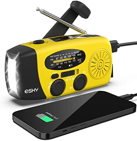 Emergency Hand Crank Radio with 3 LED Flashlight, Esky AM/FM/NOAA Portable Weather Radio with 2000mAh Power Bank Phone Charger, Solar Powered USB Charged Radio for Indoor Outdoor Camping, SOS Alarm
