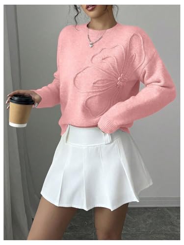 Image of RoseSeek Women's 3D Floral Appliques Crewneck Sweaters Long Sleeve Drop Shoulder Pullovers Elegant Knit Tops
