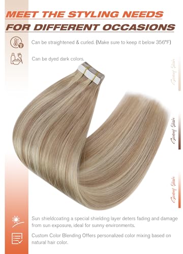 Sunny Hair Tape in Hair Extensions Real Human Hair Invisible Remy Hair Extensions Tape ins for Women Ash Blonde Highlight Bleach Blonde with Pink Hue 20 inch 20Pcs 50G