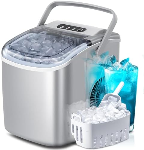 Portable Countertop Ice Maker Machine with Handle, 9 Bullet-Shaped Ice Cubes Ready in 6 Mins, 26Lbs/24H, Self-Cleaning Function with Ice Scoop and Basket for Home/Kitchen/Party (Grey) : Appliances