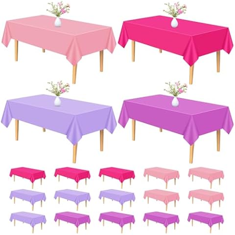 PLULON 15Pcs Tablecloth Plastic Pink Purple Table Cover 54 x 108 Inch Rectangle Table Cloth for Picnic Birthday Baby Shower Wedding Party Home Kitchen Dining Table Decorations Cover