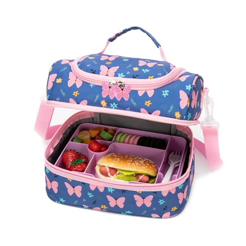 Image of Insulated Kids Dual Compartment Lunch Bags Tote Pack for Bento Girls Boys Toddler Kindergarten School Picnic Food Cooler Boxes with Shoulder Strap (2 Butterfly, Double Decker)