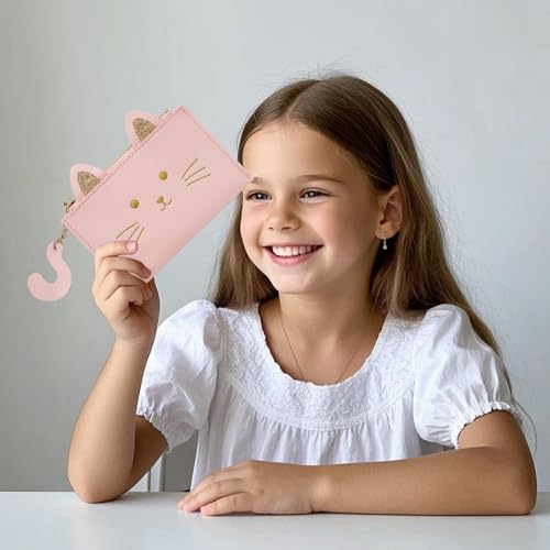 LJCZKA Cat Coin Purse for Women Cute Credit Card Holder Wallet Small Slim Zipper Pocket Leather Mini Pouch with ID Window (Pink)3