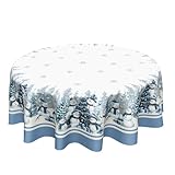 Kawani Winter Snowman Tablecloth Round 60 Inch Christmas Snowman Holly Tree Snowflake Circle Table Cloth Blue Xmas Holiday Polyester Table Cover for Party Kitchen Dining Room Home Decor