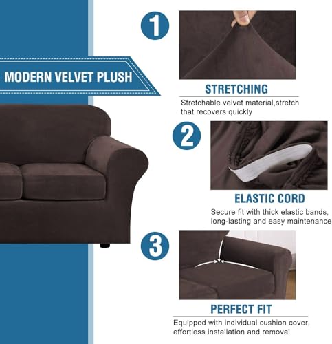 H.Versailtex PART-HVSOFA2P-3BROWN-YH Modern Velvet Plush 4 Piece High Stretch Sofa Slipcover Sofa Cover Furniture Protector Form Fit Luxury Thick Velvet Sofa Cover thumb #2