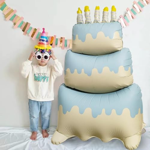 Image of Happy Birthday Cake Foil Standing Balloons 60 Inch,Gaint Three-Tier Matte Cream Blue Thickened Large Mylar Balloon for Girls Women Boys Kids Baby Shower Birthday Party Decorations Supplies