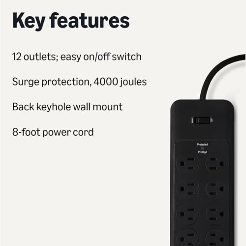 Image of Amazon Basics 12-Outlet Surge Protector Power Strip, 4000 Joules, 8ft Extension Cord, Rectangle, for Home, Office, Gaming Room, Black (Pack of 2)