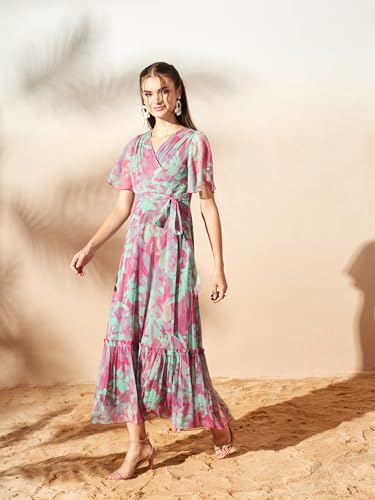 Image of Miss Chase Women's Floral V-Neck Flutter Sleeve Wrap Chiffon Maxi Dress