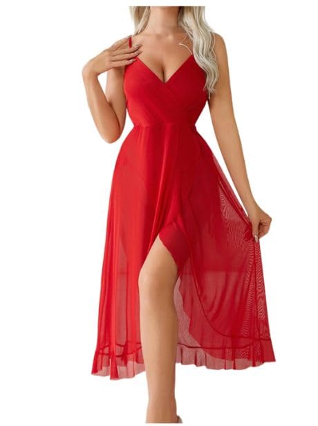 Elegant Red Sheer Nightgown, Sleeveless Babydoll Style, Long Length with Slit Design, Women's Nightwear-image-20