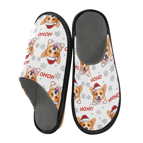 Slippers for Women Corgi Santa Hat Snowflakes Pattern Soft Winter Warm Shoes Indoor Outdoor Non-Slip House Travel Slippers