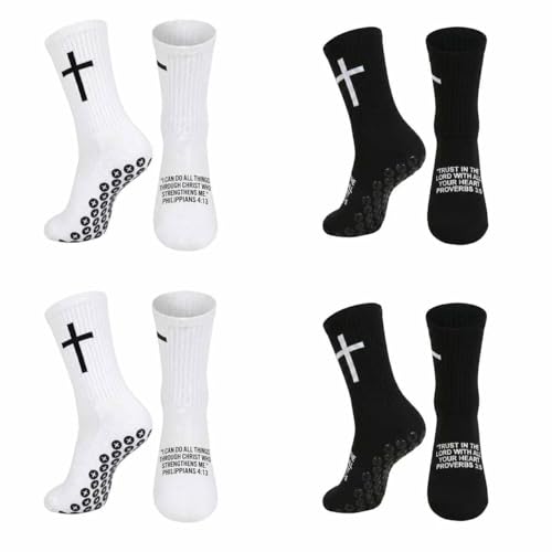 BeSlivewell 4 Pairs Cross Grip Soccer Socks Anti-Slip Christian Sports Sock Religious Faith Sock with Rubber Dots (black and white)