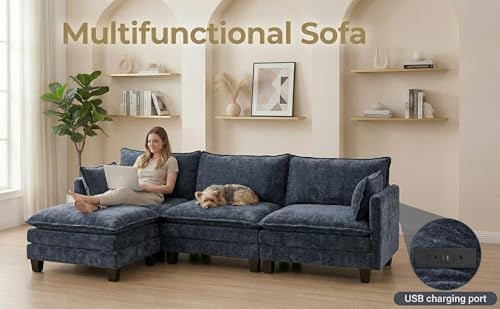 Image of 110.4 inch L Shaped Modular Sectional Sofa, Comfy Upholstery Chenille Cloud Couch with USB, Modern 4-Seat Deep Seat Sofa with Ottoman for Living Room, Apartment, Navy Blue