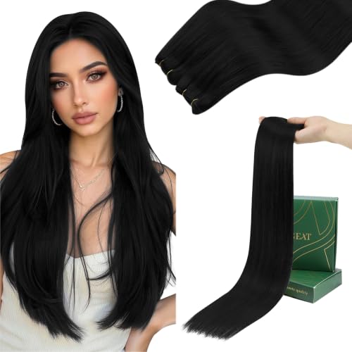 Image of Ugeat Weft Hair Extensions Human Hair, Human Hair Extensions Sew in Jet Black, Sew in Extensions 24 Inch 100g, Double Weft