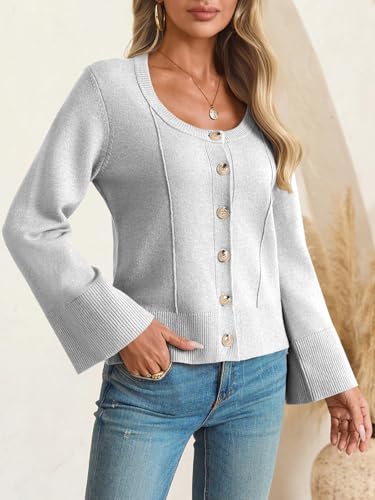 Image of Saodimallsu Womens Bell Sleeve Cardigan Sweaters Button Down Long Sleeve Fall Trendy Sweaters 2025 U Neck Knit Outwear