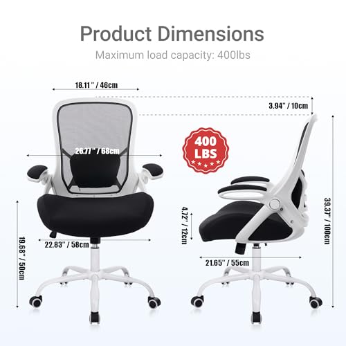 Image of HYLONE 400lbs Heavy Duty Office Chair, 5 inch Thickened Seat Ergonomic Desk Chair with Adjustable Armrests, Home Office Computer Chairs for Long Hours Mesh Executive Chair(White Base&Black)