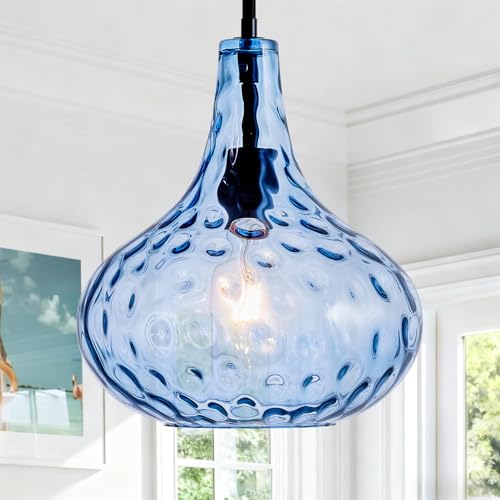 Image of 11 inch Blue Hammered Glass Pendant Light, Black Finish, E26 | 11 inch blue hammered glass pendant light with black finish, adjustable rod, E26 socket, ideal for kitchen islands.