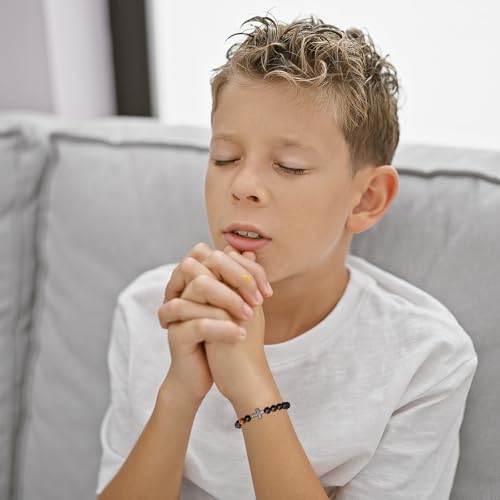 Image of P. BLAKE Cross Bracelet for Boys Men, American Flag Cross Natural Beads Bracelet Christian Religious Birthday Jewelry Gifts for Teen Boys