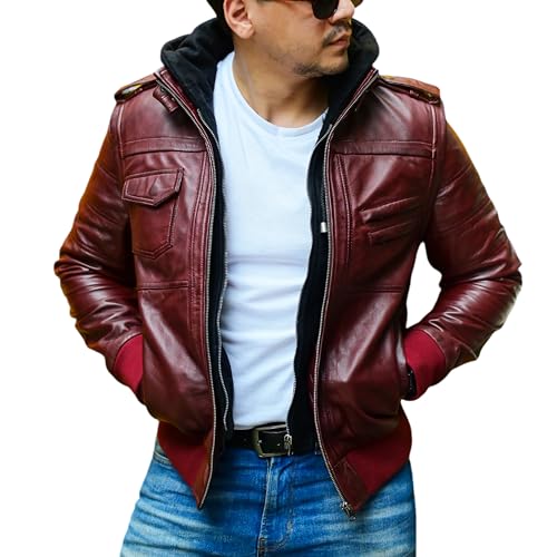 Image of Jild Hooded 2.0 Leather Jacket Men - Genuine Lambskin Leather Bomber Jacket with Removable Hood for Mens Fashion