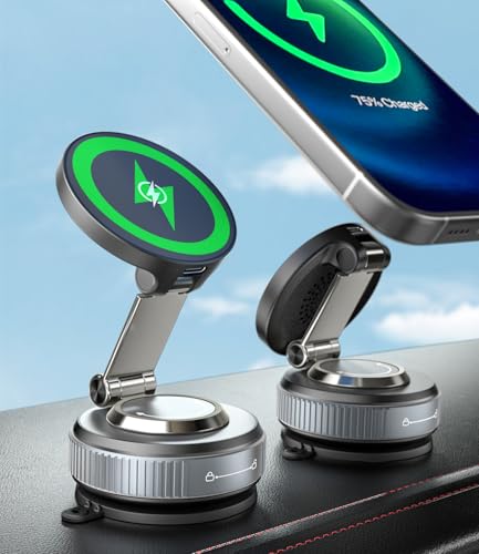 ALAFLY 15W Caricatore per Auto, Supporto Ricarica Wireless per Cellulare da Auto con Ventosa Adesiva, 360° Regolabile Porta Cellulare per Magsafe per iPhone 16 15 14 13 12