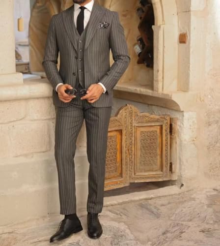 Mens Striped Suit 3 Piece Slim Fit Formal Single Breasted Business Wedding Party Jacket Blazer Vest Pants Suits3