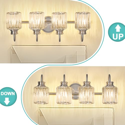 Image of Brushed Nickel Bathroom Light Fixtures with K9 Crystal Lampshade Bathroom Lighting Over Mirror Vanity Lights for Living Room,Bedroom,Restroom,Hallway 4 Lights