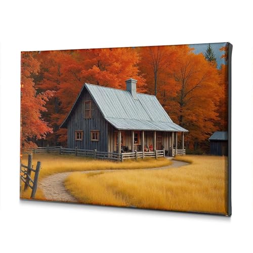 Tableau de décoration haut de gamme cabane d'automne sur toile tendue 40x60cm