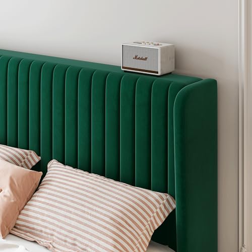 Image of SHA CERLIN King Size Velvet Bed Frame, Tufted Wingback Headboard, Green | 47'' Modern Vertical Channel Headboard, Upholstered Platform Bed, Wood Slats, No Box Spring Needed, Easy Assembly, Noise Free