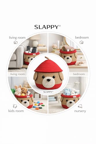 Image of SLAPPY Multi-Purpose Cute Jute Basket with Lid Storage Basket for Bathroom Living Room & Kitchen Organiser Box Vanity Box First Aid Box (Pack of 1) 25x20cm Beige & Red