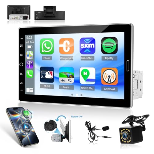 Autoradio 1-Din CarPlay/Android Auto da 10,1'' touchscreen HD con Bluetooth, radio FM, SWC, Telecamera di Retromarcia AHD e Microfono