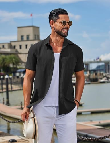 Image of COOFANDY Men's Linen Shirts Short Sleeve Button Down Shirt Casual Summer Beach Shirts with Pocket