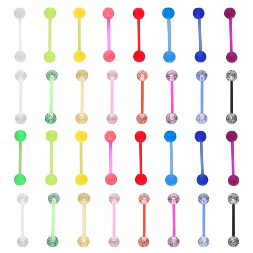 Tongue Rings Plastic Clear 32Pcs 14G Acrylic Glow in Dark Flexible Straight Barbells Nipple Piercing Jewelry for Women Men Tongue Nippie Piercings 16mm