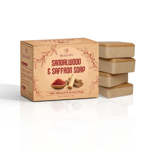Image of BRALCON Sandalwood and Saffron Natural Luxury Soap, 100g Bars, Pack of 4, 100% Natural Ingredients