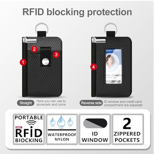 Image of Minimalist RFID Blocking Small Wallet with ID Window,WaterResistant Zip Id Case Wallet with Lanyard Keychain for Cards,Cash,Travel,Women,Men (Black /DarkGrey)