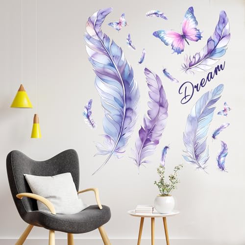 Stickers Muraux Plume, Autocollant Mural Papillon Violet, Stickers Muraux pour Salons Chambres Bureaux Canapé Fond Décoration