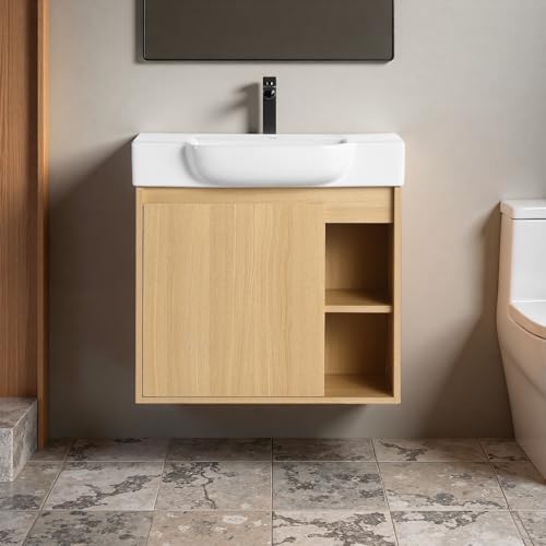 Image of 24 inch Bathroom Vanity with Ceramic Sink, Modern Wall-Mounted Bathroom Vanity with Soft-Close Door & 2 Open Storage Shelves, Farmhouse, Undermount Storage Cabinet, Easy to Clean, Light Oak