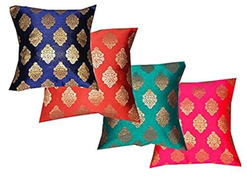 PINK PARROT Polyester Blend Dopian Silk 16x16-inch Cushion Cover (Multicolour) - Set of 4