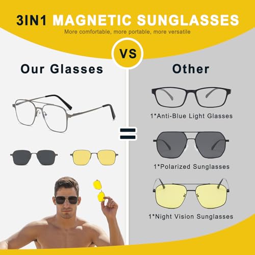 Image of 3in1 Magnetic Clip On Sunglasses Polarized For Women Mens Blue Light Glassess Aviator Stylish Eyewear for Drivers