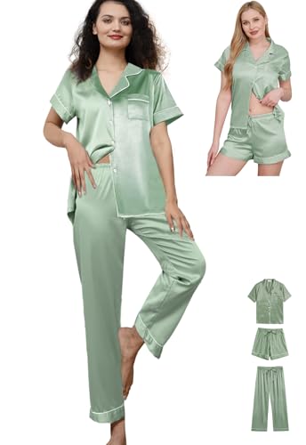 Womens Pajama Sets 3Pcs Silk Satin Pajamas Set XS-2XL Sleepwear Silky Pj Sets Nightwear Pjs Loungewear