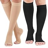 Open Toe Compression Socks 2 Pairs 20-30 mmHg Knee High Support Stockings Toeless for Men or Women Support Pregnancy, Running, Sports, Flight Travel with Free Auxiliary Wear Socks S