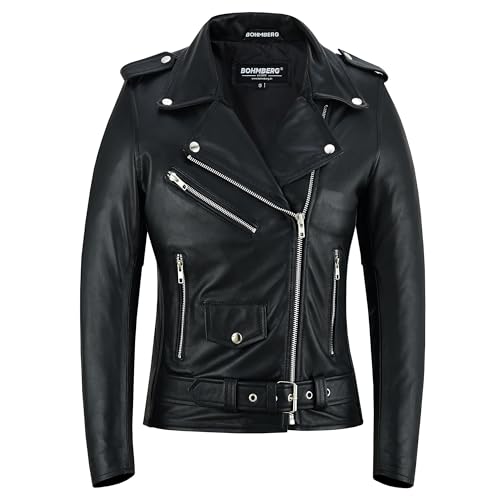 Bohmberg Chaqueta de cuero para mujeres - Cuero genuino - Chaqueta estilo retro motociclista - Chaqueta Highway - Brandostyle - Estilo Rockabilly - Negro - XXL