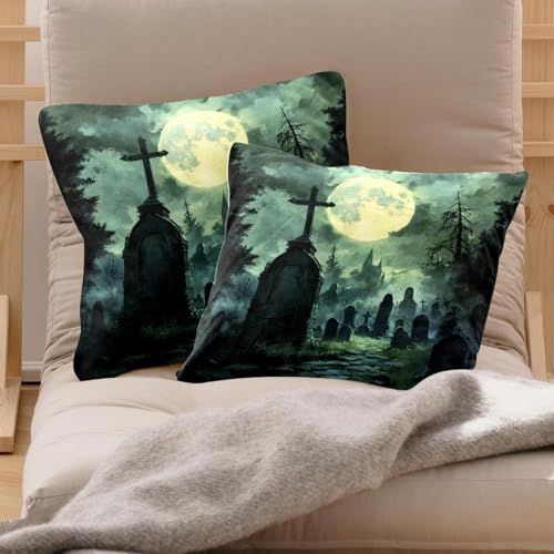 Lot de 2 housses de coussin Halloween velours motif tombe 50x50 cm