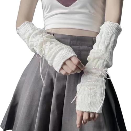 POHADON Women Cute Knitted Arm Warmers Lace Up Bow Fingerless Gloves Harajuku Fashion Arm Sleeve Lolita Y2k Accessories (One Size,White-pink bow)