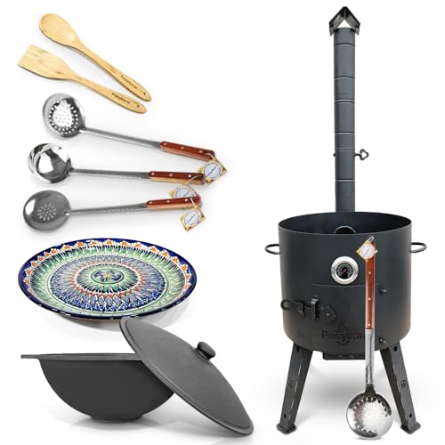 Horno de fuego Ø 44 cm Termómetro de hierro fundido Kazan 16 L Ø 46,5 cm de fondo plano Lagan Ø 37 cm espumadera 64 cm 2 espumadera 48 cm cucharón 48 cm cuchara de bambú espátula de bambú 35 cm Asia