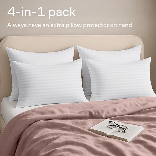 Set of 4 Pillow Protectors with Zipper Standard Size - 100% Resistant to Stains, Dust & Dirt - Washable Covers for Increased Pillow Lifespan