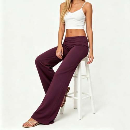 Image of Lounge Yoga Pants for Women Fold Over Low Waist Wide Leg Bell Bottoms
