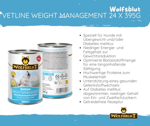 Wolfsblut Vetline Hundefutter - Weight Management, 24x395g - Sparbundel, Sparpaket - inklusive Warnicks Tierfutterservice Hundesnack Goodie