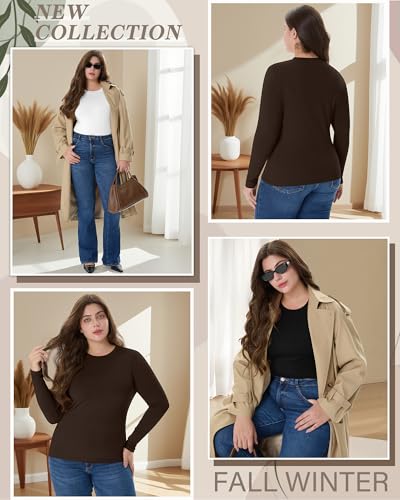 Image of Evervibe 3 Pack Women's Plus Size Long Sleeve Shirts Crew Neck Slim Fitted T Shirt Stretchy Casual Bodycon Basic Tee Tops